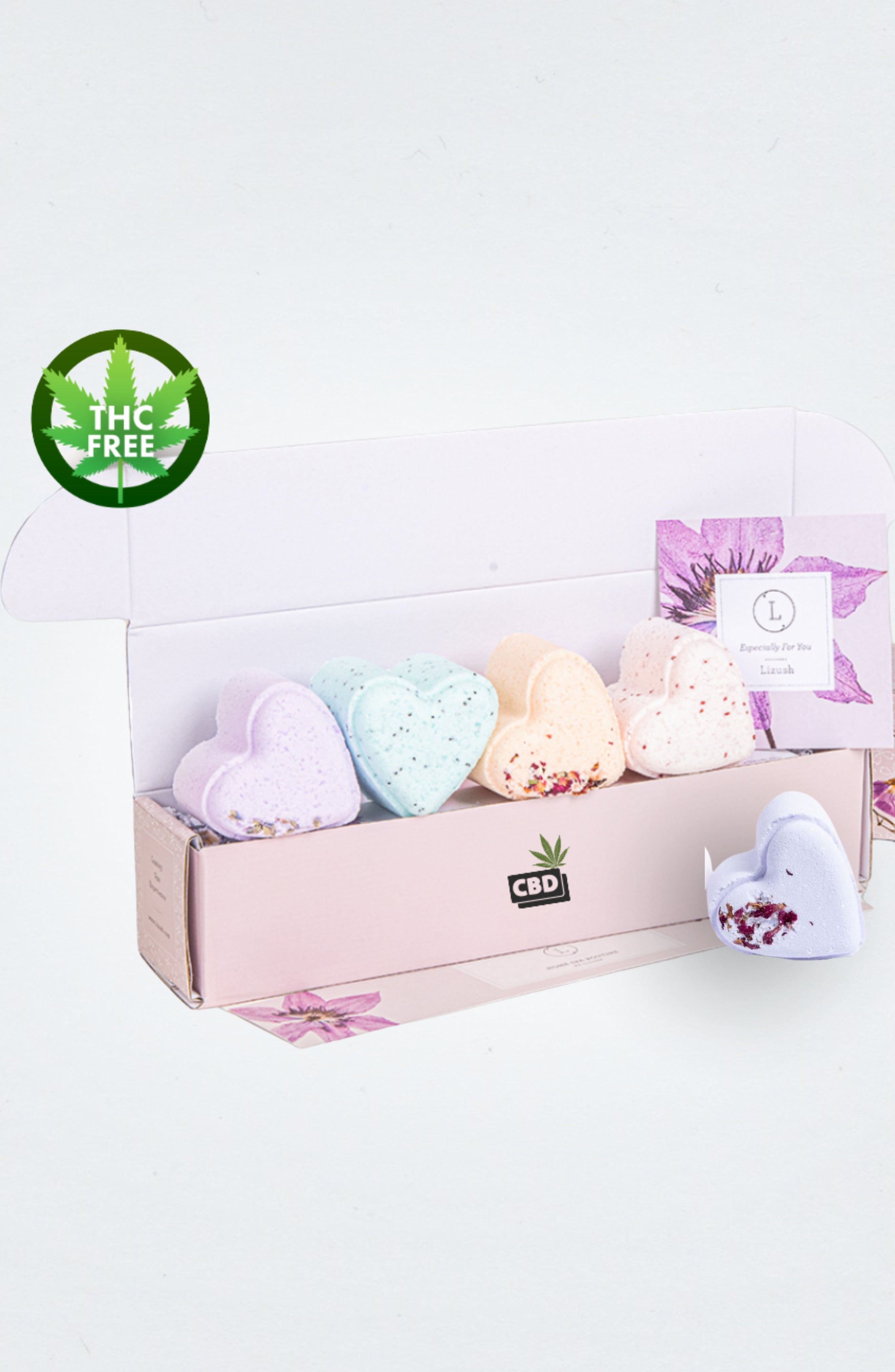 CBD -  5 Hearts Shaped Shower Steamers/ fizzies with CBD - in a Gift Box - Can be personalized. (THC free)
