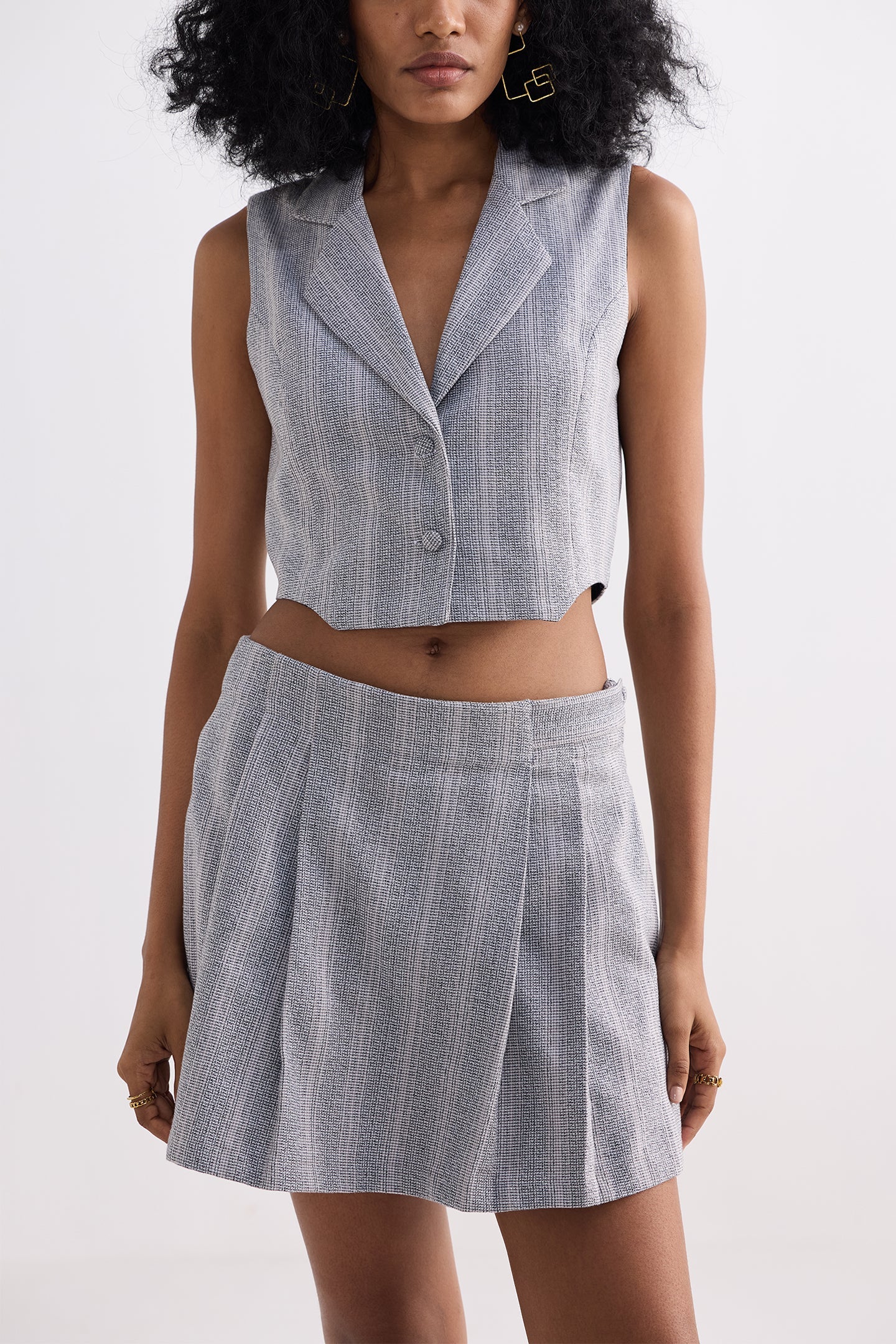 Cropped Cotton Tweed Vest Set in Grey