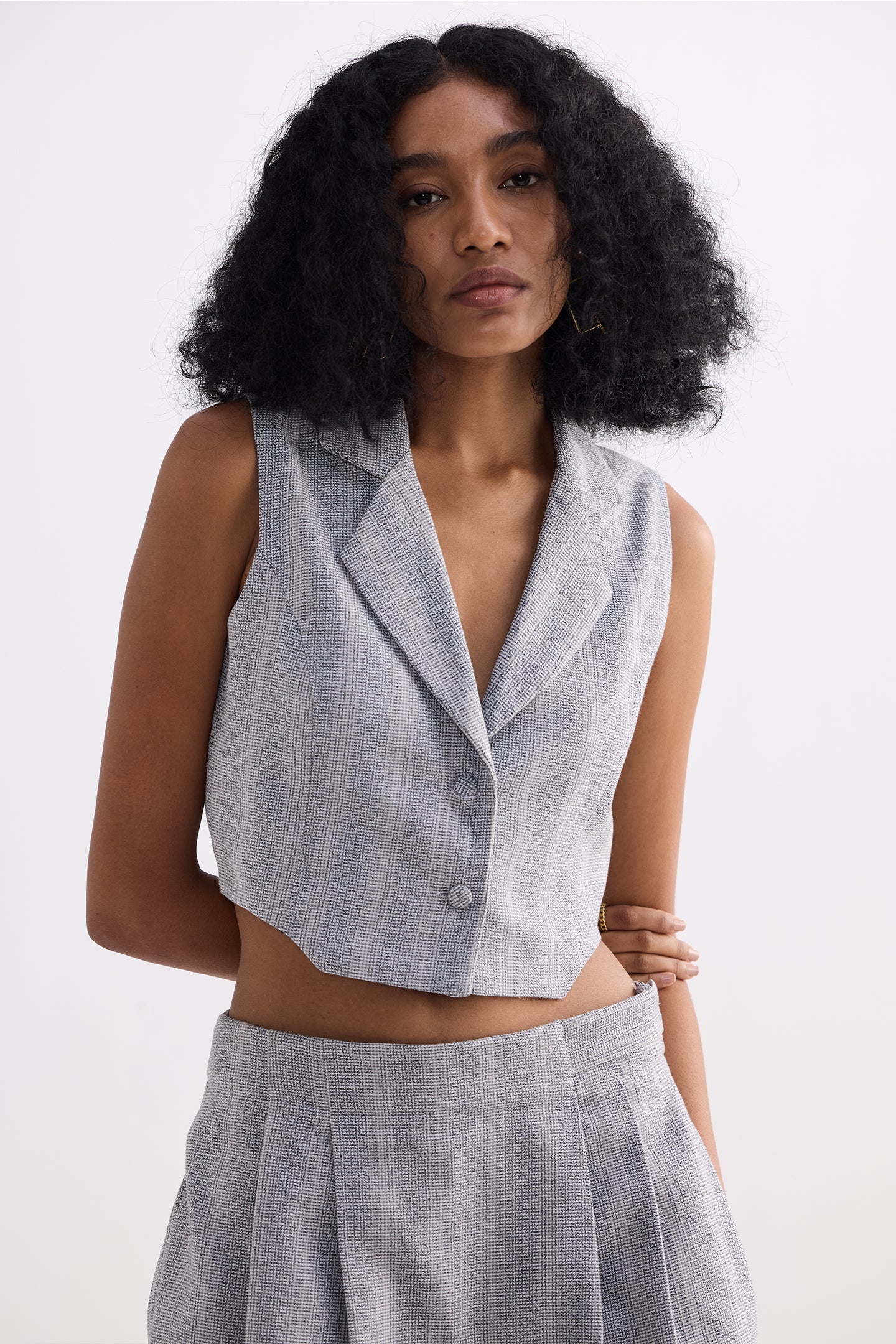 Cropped Cotton Tweed Vest Set in Grey