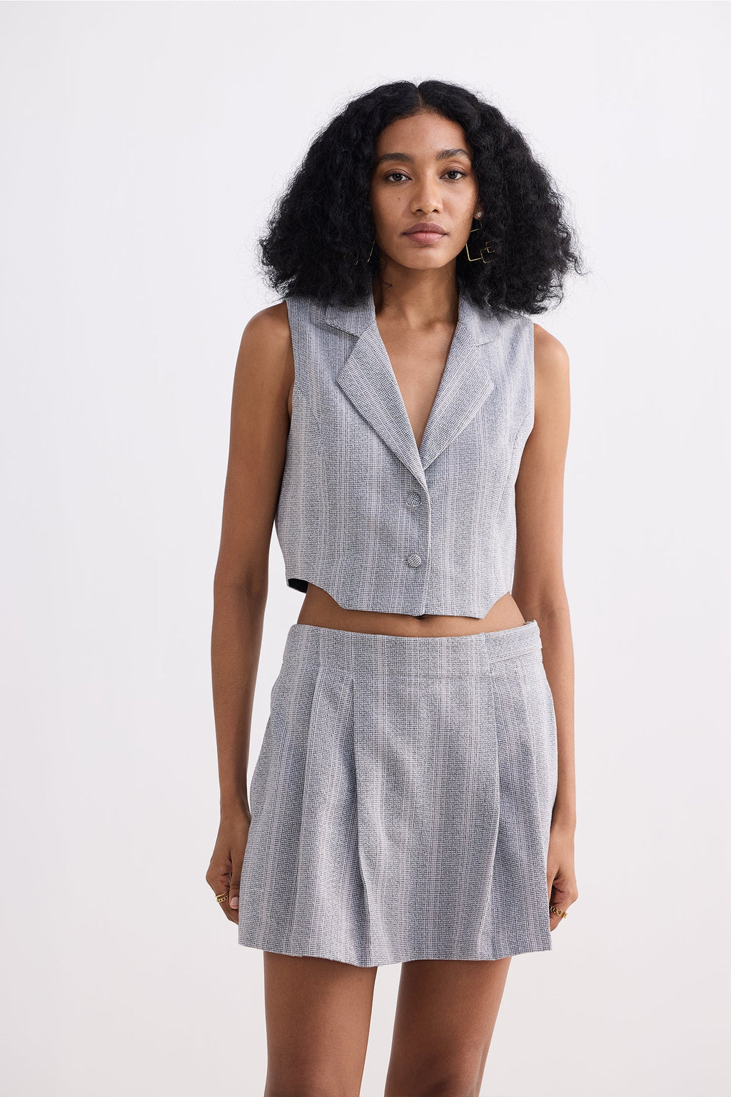 Cropped Cotton Tweed Vest Set in Grey