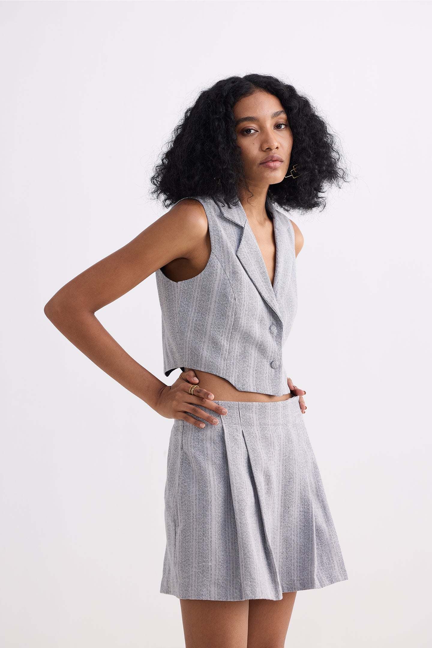 Cropped Cotton Tweed Vest Set in Grey