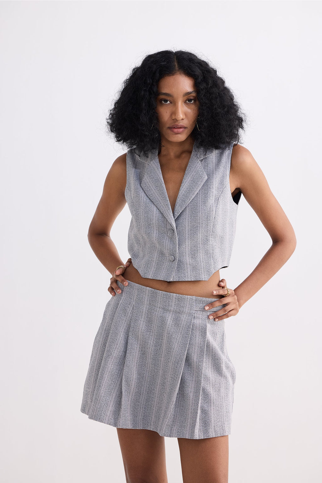 Cropped Cotton Tweed Vest Set in Grey