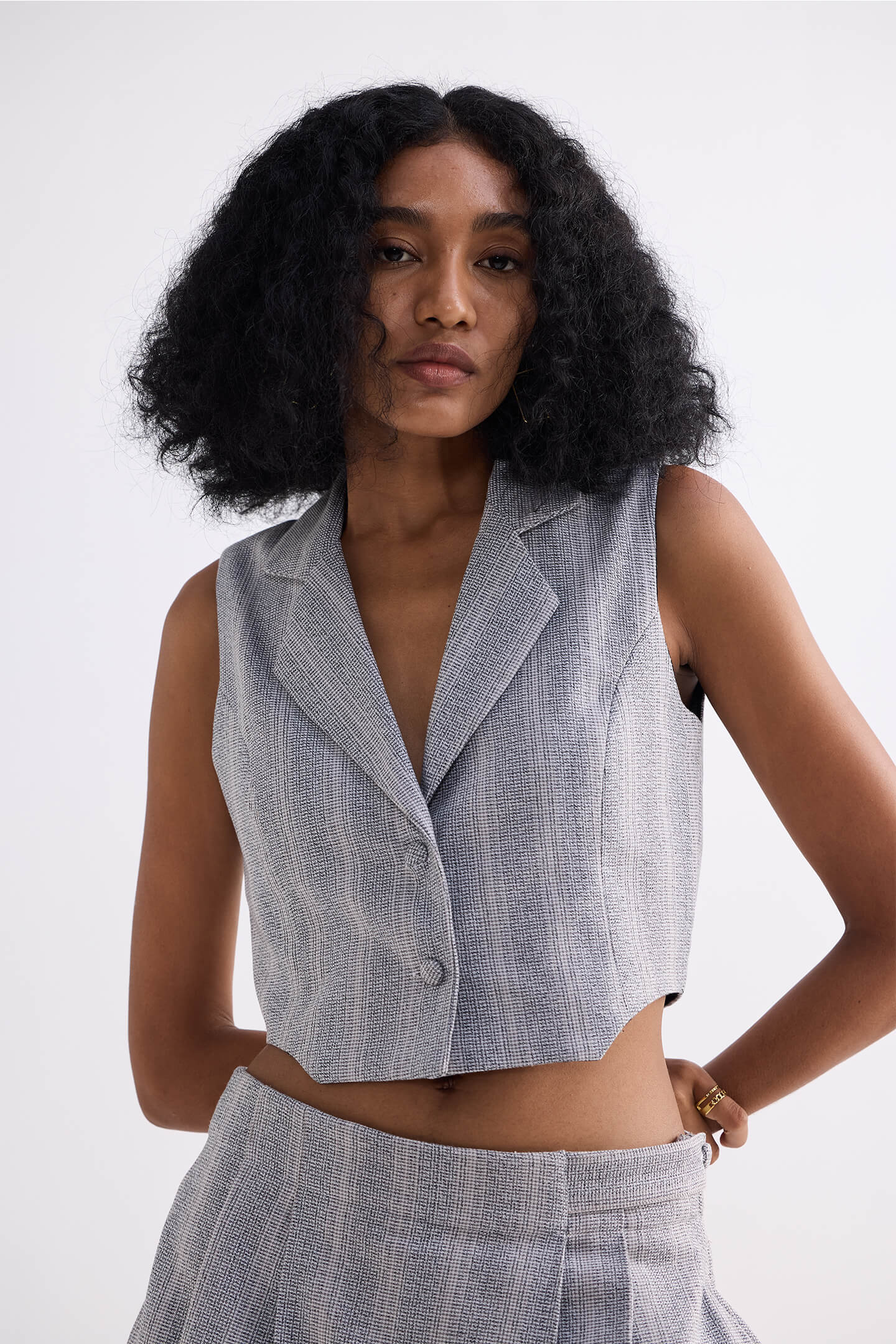 Cropped Cotton Tweed Vest in Grey