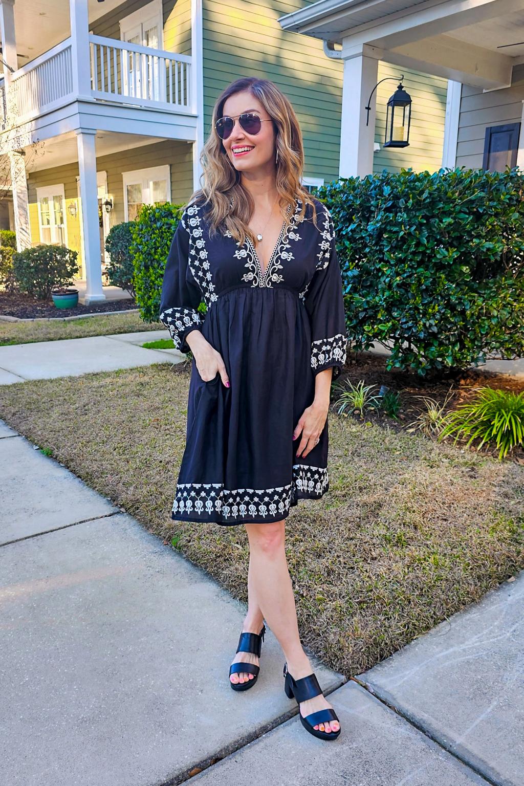 Deep V Embroidered Dress in Black