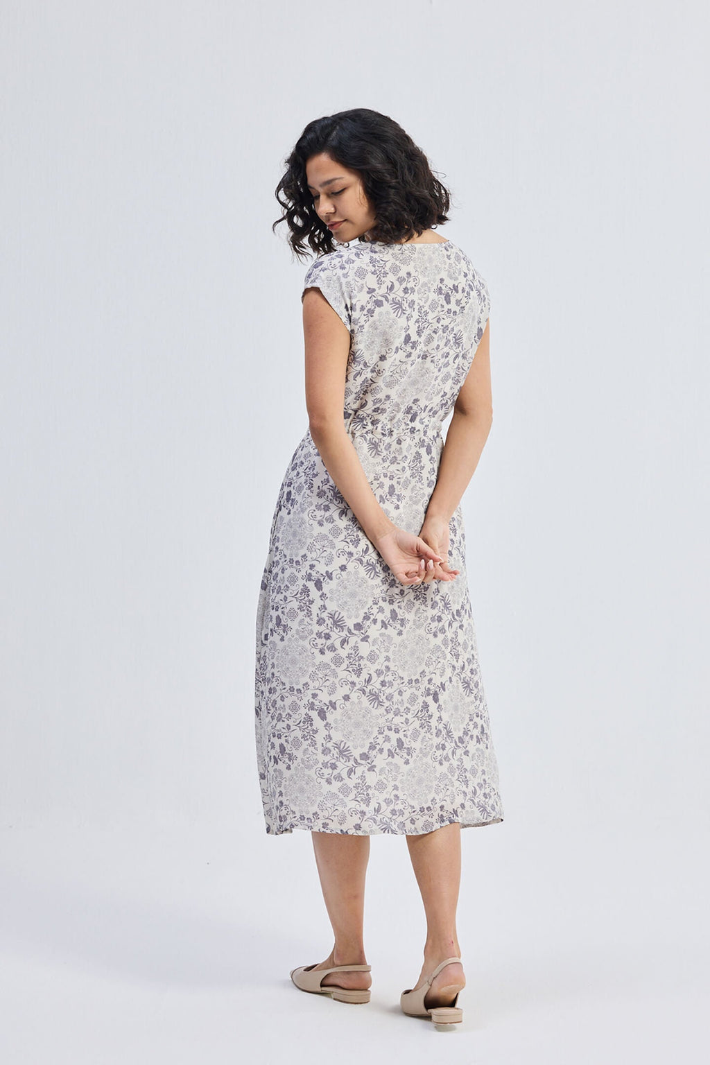 Deep V-neck Gathered Dress in Florals