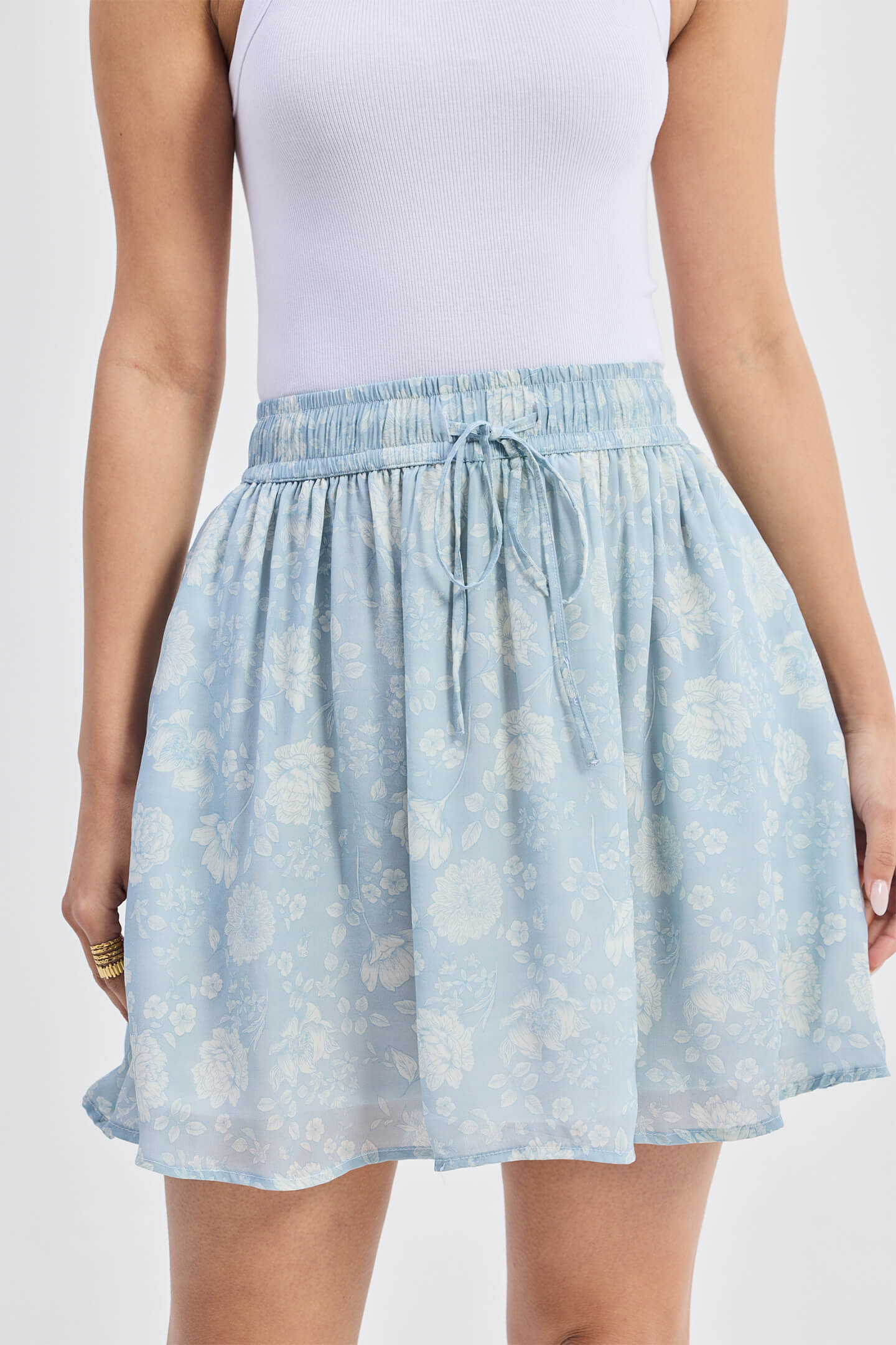 Drawstring Short Skirt in Blue Florals