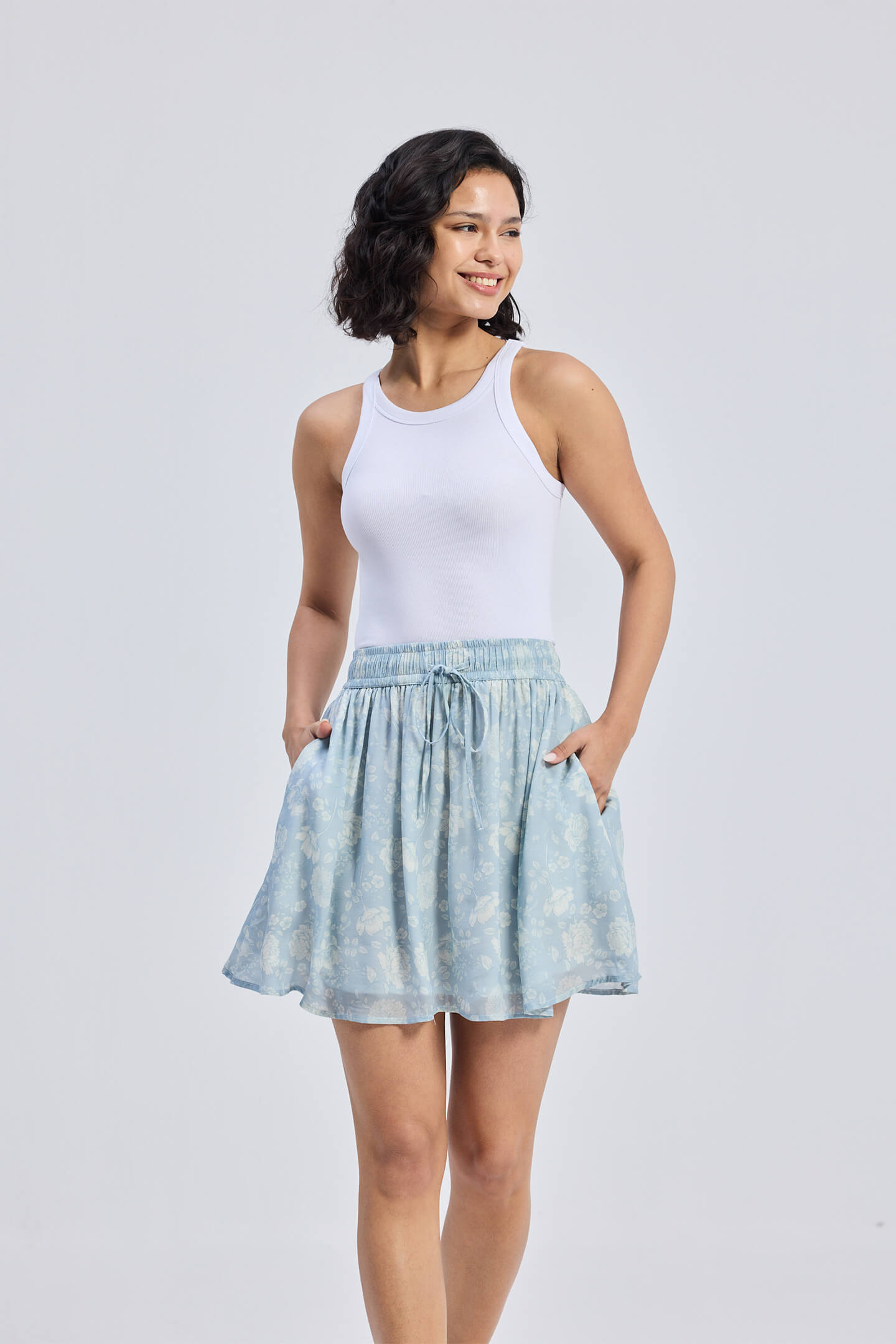 Drawstring Short Skirt in Blue Florals