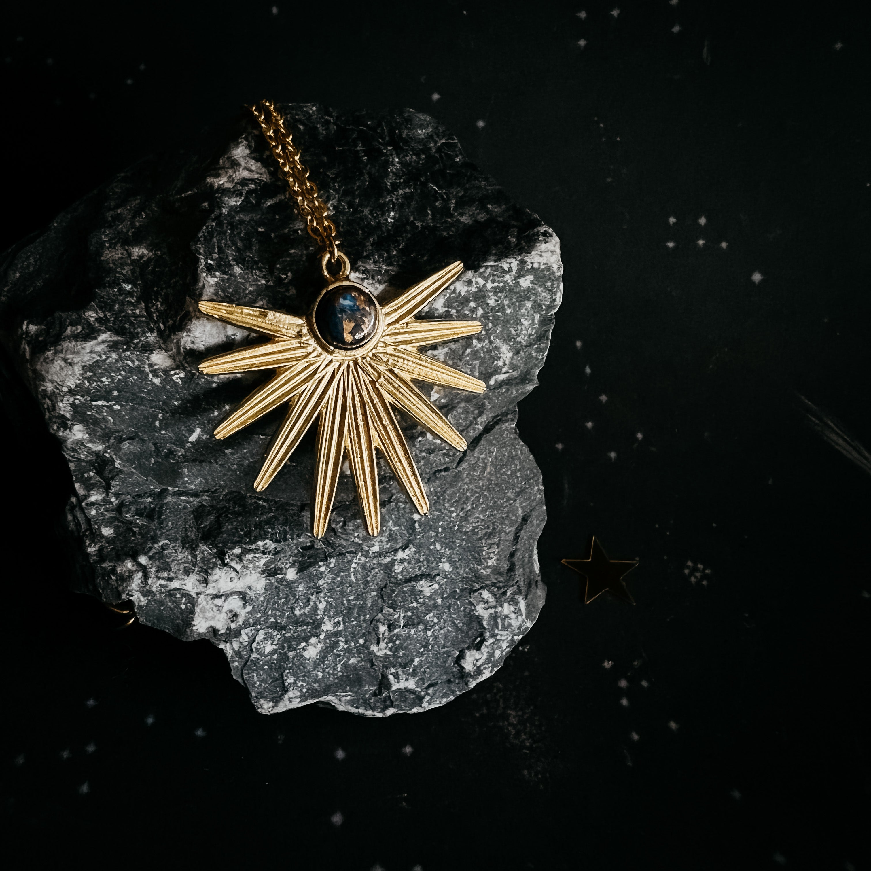 Dark Before the Dawn Sunburst Pendant Necklace with Copper Lapis Lazuli
