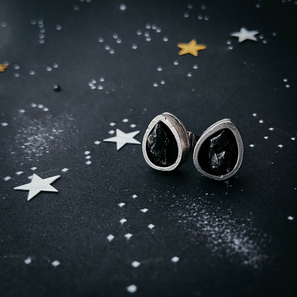 Pear Shaped Teardrop Meteorite Stud Earrings