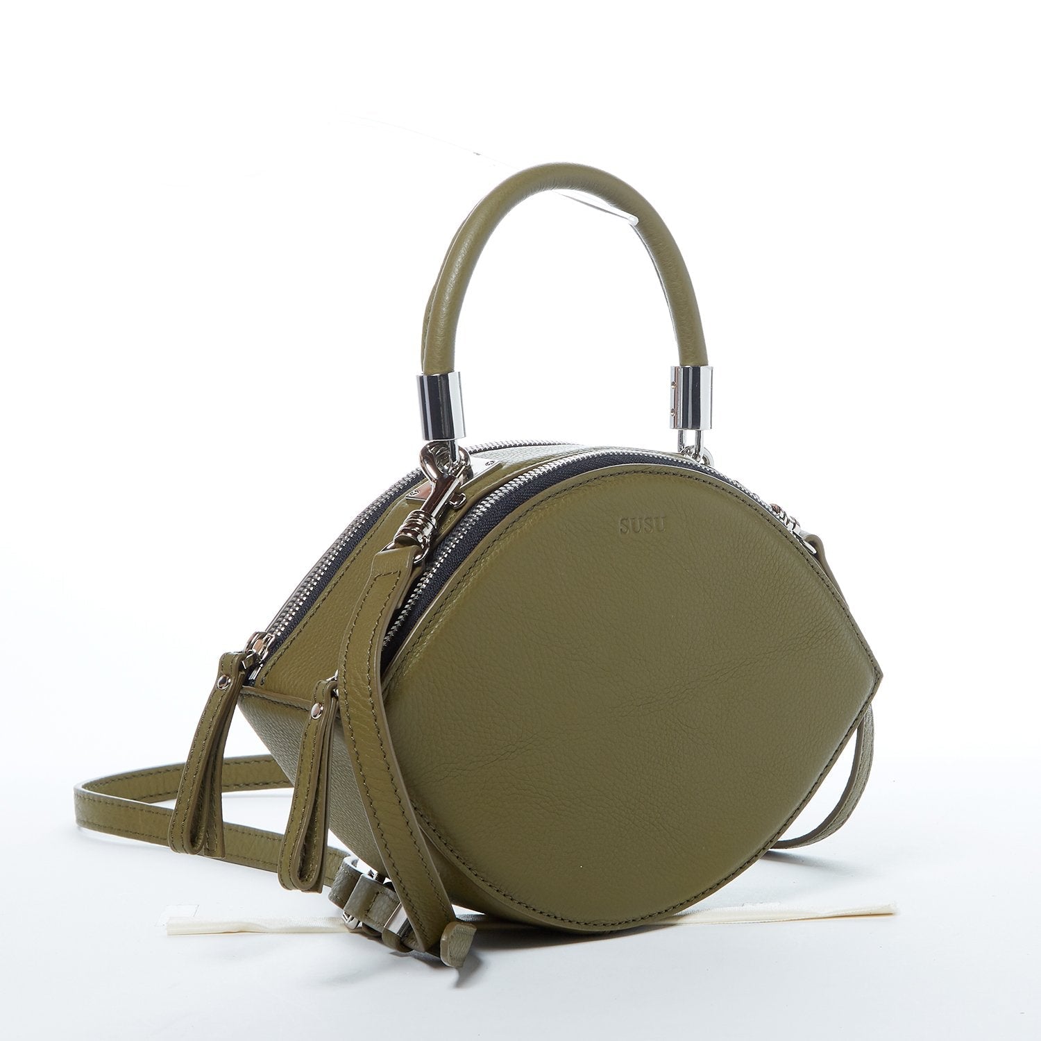 Kiss Circle Shape Leather Crossbody Bag Olive Green - Clairellas