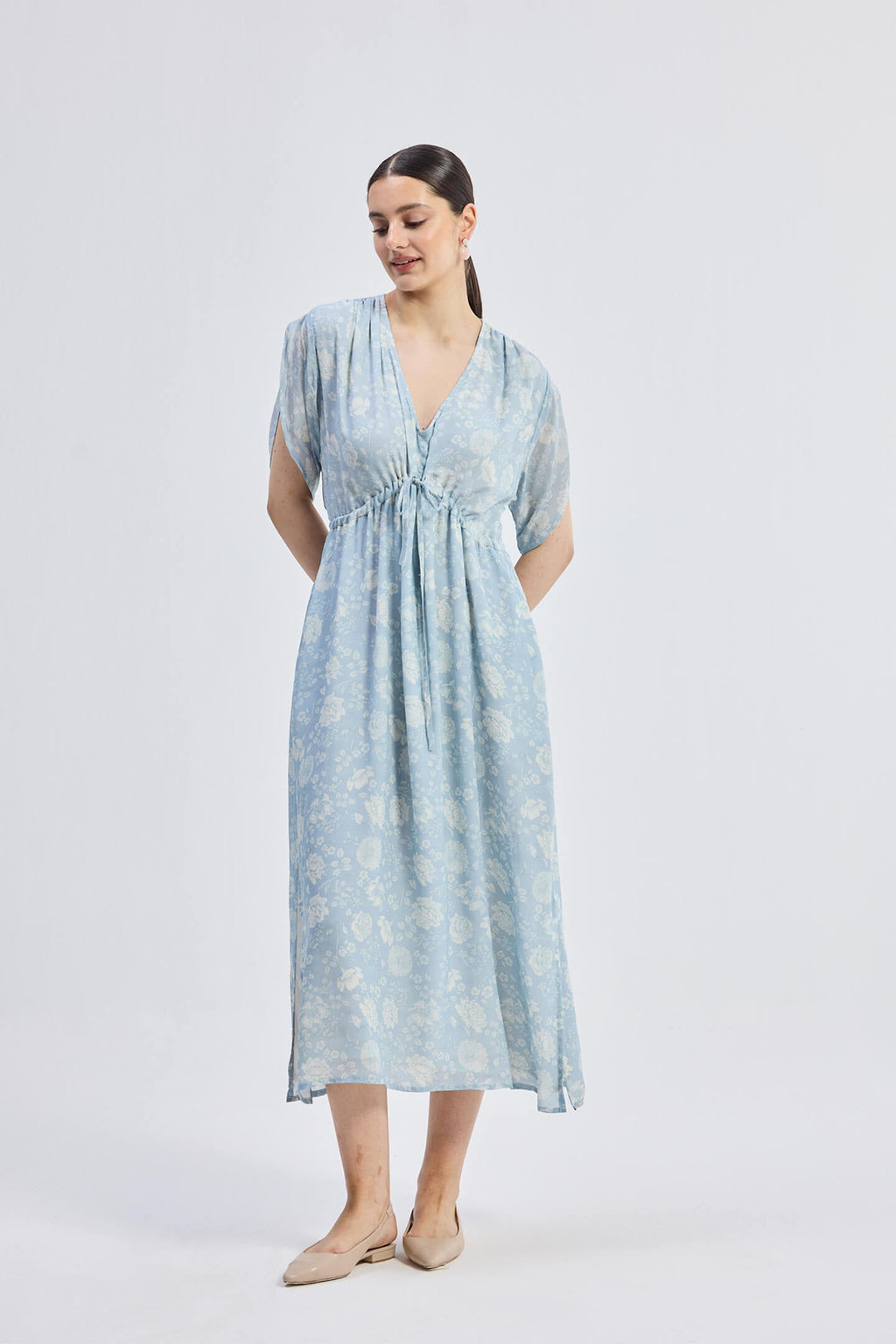 Gathered Maxi Dress with Drawstring in Blue Florals