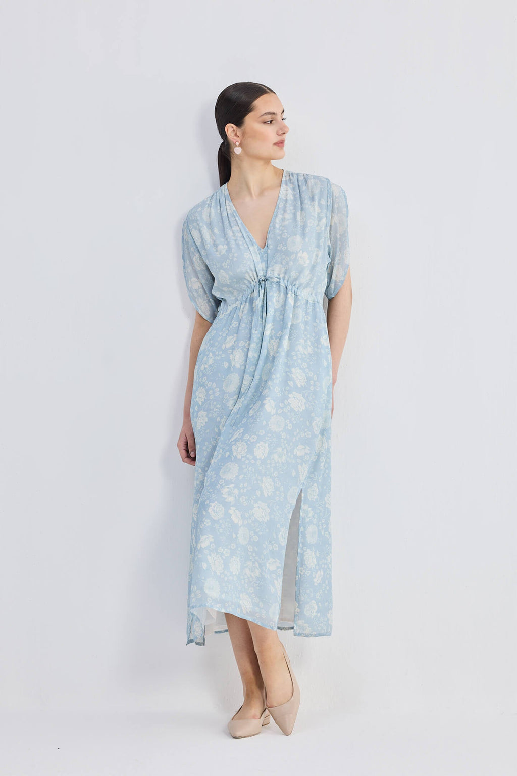 Gathered Maxi Dress with Drawstring in Blue Florals