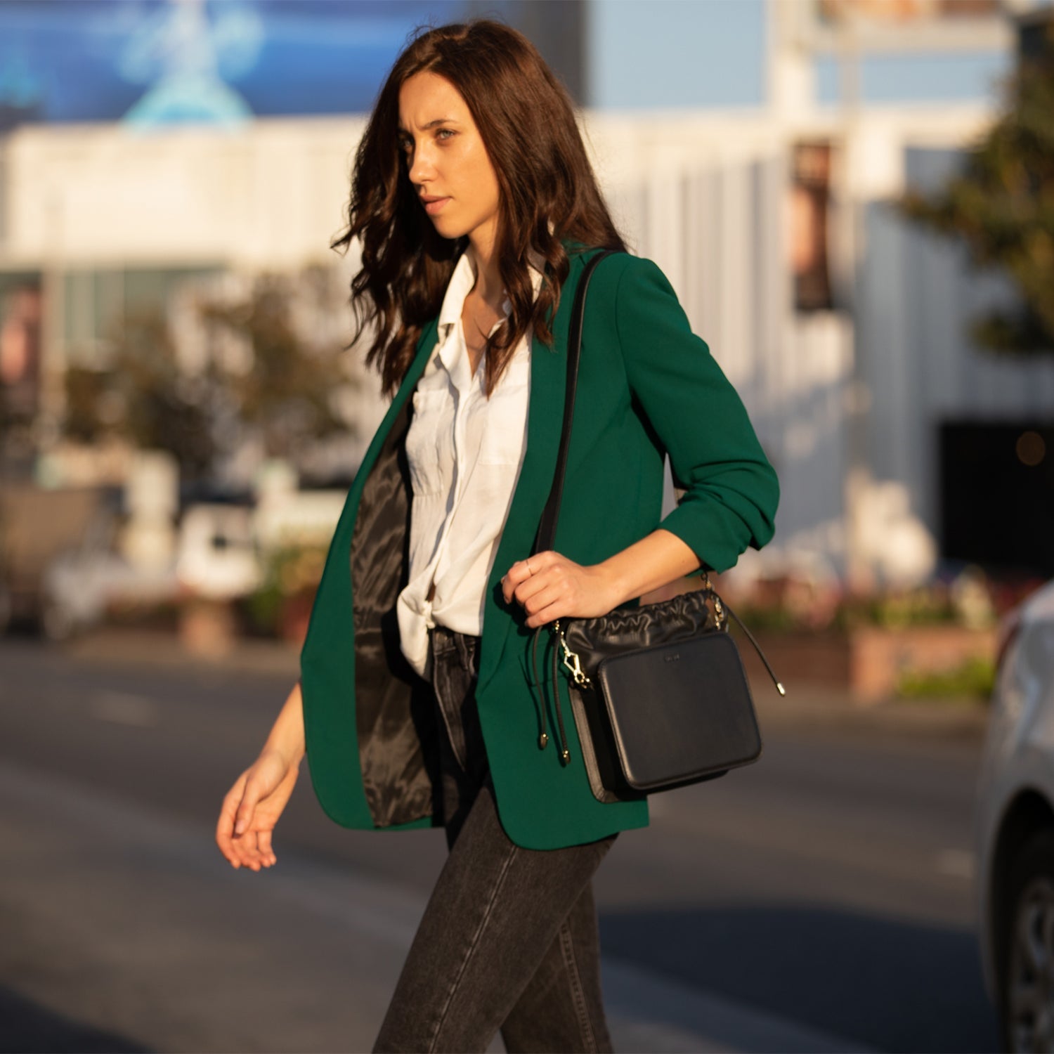 SUSU Leather Bucket Bag Black Purse Drawstring Design Medium Size Bag