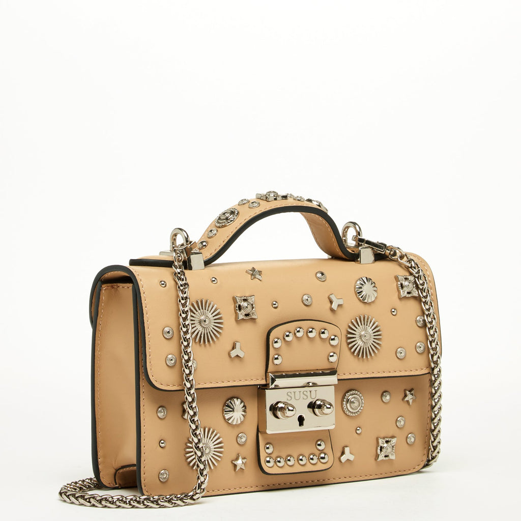 Small Leather Crossbody Bag Studded Dark Beige Tan Purse  Women's Handbag