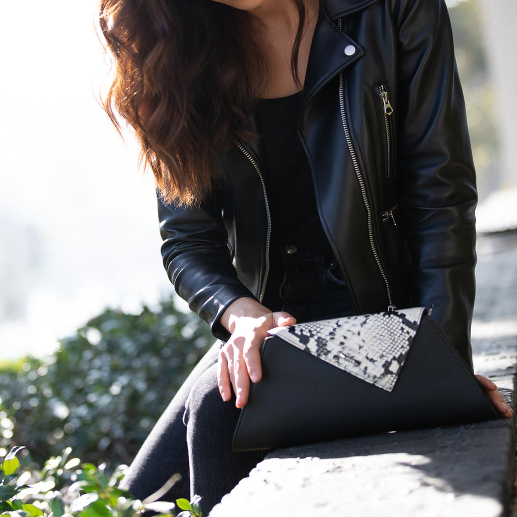 SUSU Black Leather Clutch Bag Unique Snakeskin Evening Purse Women's Handbag - Clairellas