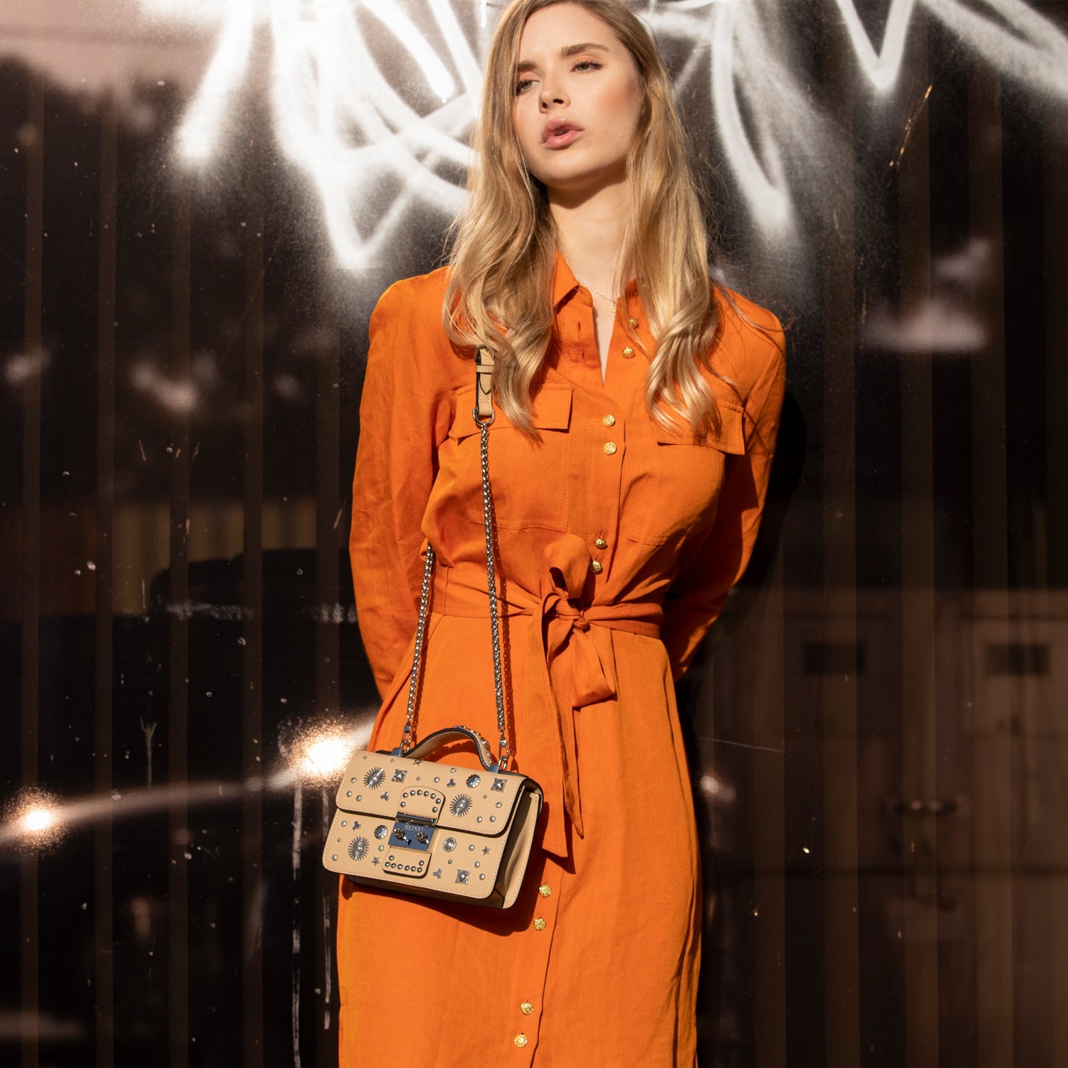 Small Leather Crossbody Bag Studded Dark Beige Tan Purse  Women's Handbag