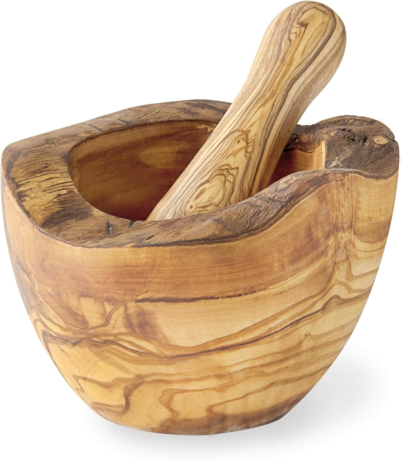 Olive Wood Mortar and Pestle Large-Size 6in Diameter