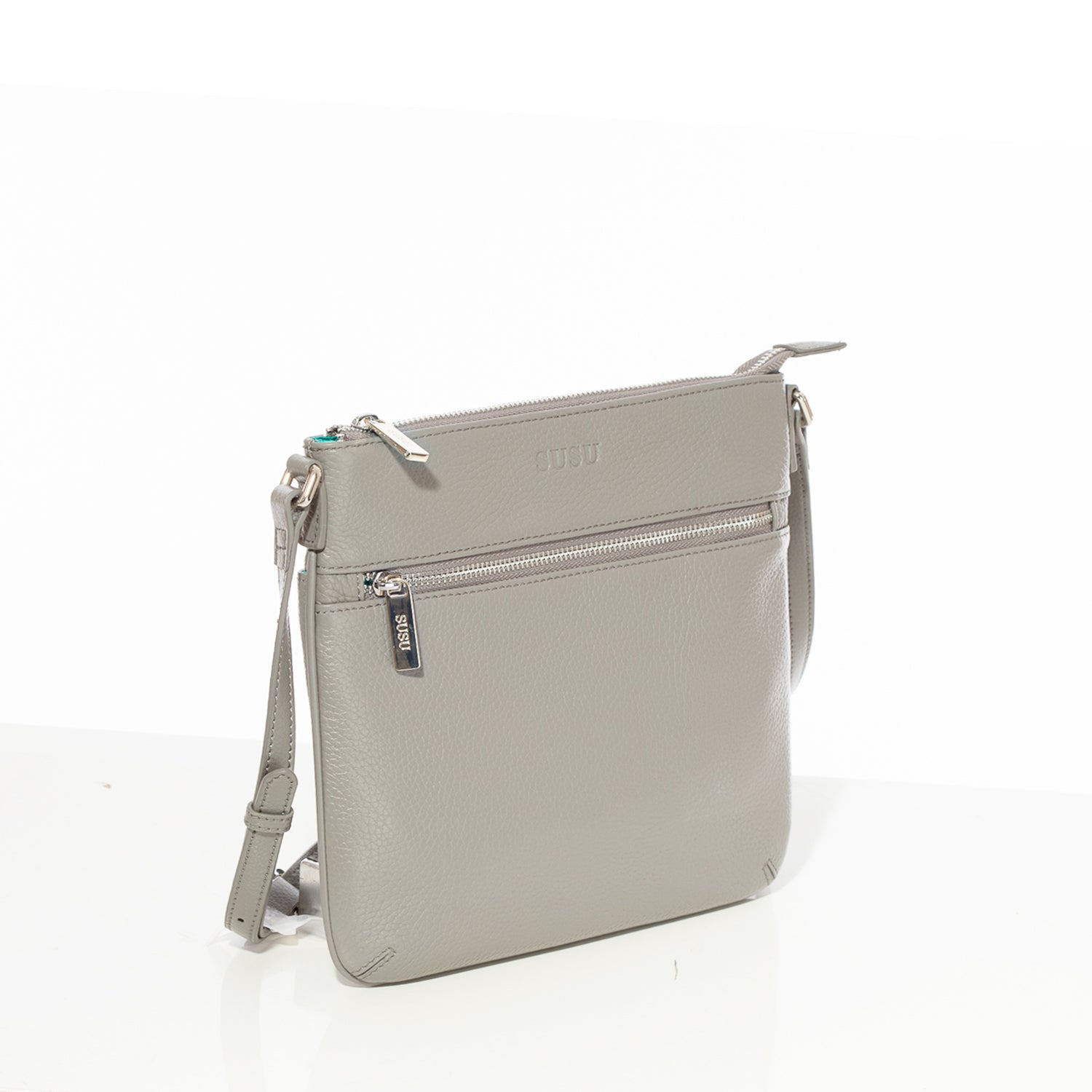 SUSU Leather Messenger Bag Grey Leather Crossbody Purse Women's Handbag