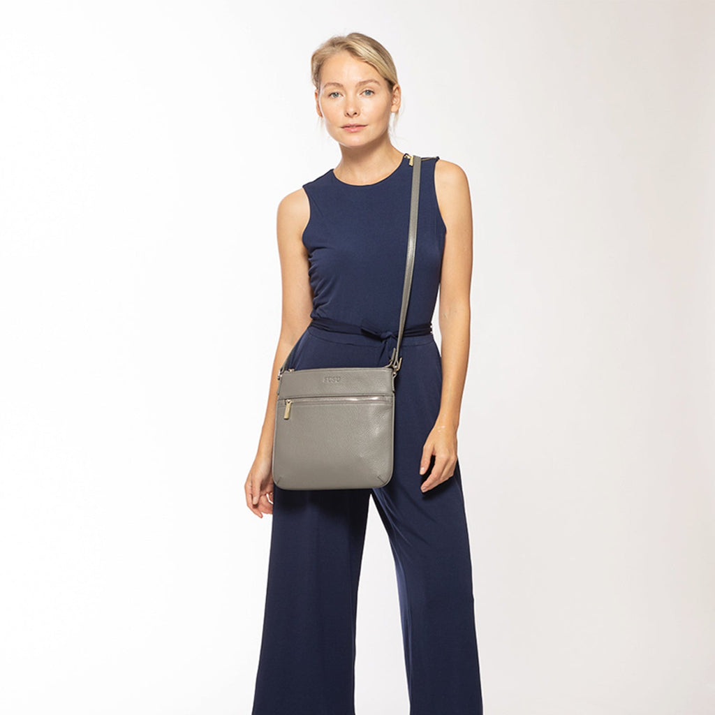 SUSU Leather Messenger Bag Grey Leather Crossbody Purse Women's Handbag