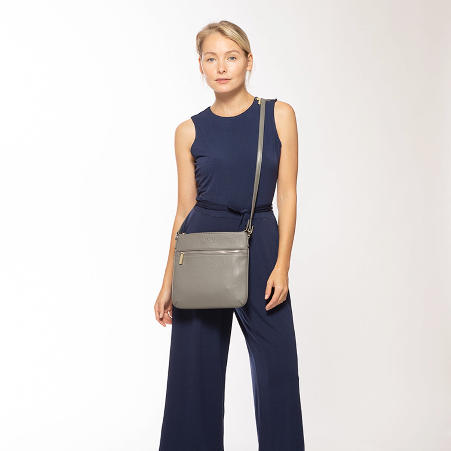 SUSU Leather Messenger Bag Grey Leather Crossbody Purse Women's Handbag